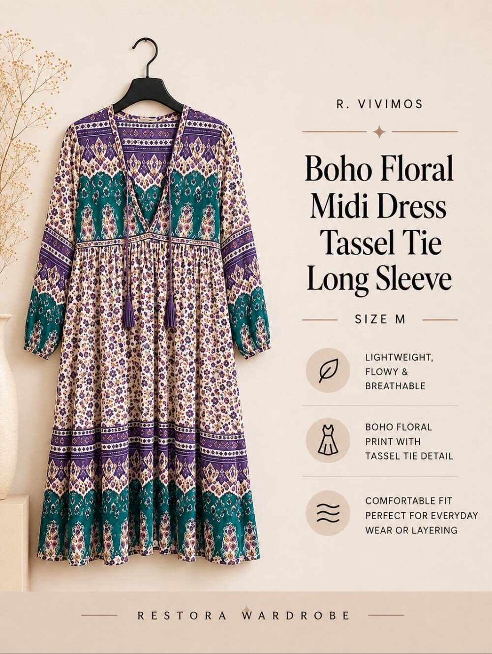 R.Vivimos Boho Floral Midi Dress Tassel Tie Long Sleeve M